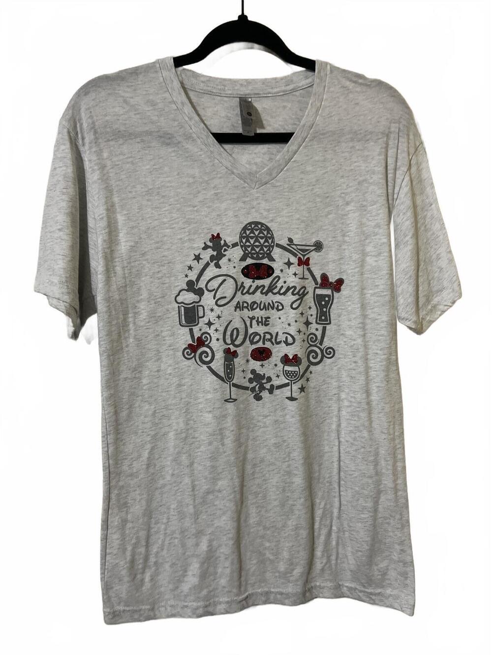 Gray V-Neck T-Shirt with Drinking Around the World Graphic M